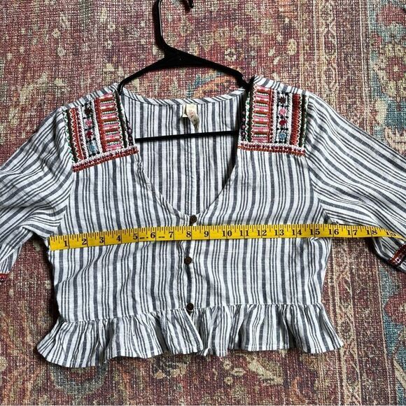 Small Raga Women’s Striped cropped Boho Blouse with Button & Embroidered Details - Picture 12 of 13